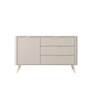 Beżowa Komoda LETNA 3 szuflady + drzwi – komoda z półkami do salonu i sypialni na wysokich nóżkach