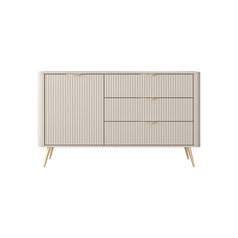 Beżowa Komoda LETNA 3 szuflady + drzwi – komoda z półkami do salonu i sypialni na wysokich nóżkach