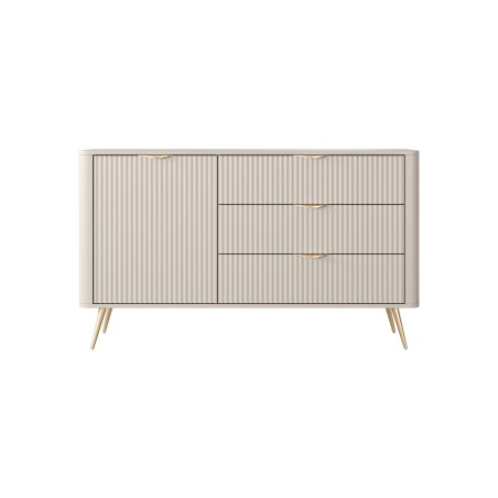 Beżowa Komoda LETNA 3 szuflady + drzwi – komoda z półkami do salonu i sypialni na wysokich nóżkach