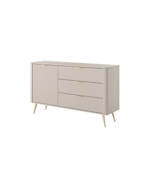 Beżowa Komoda LETNA 3 szuflady + drzwi – komoda z półkami do salonu i sypialni na wysokich nóżkach