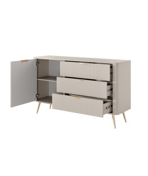 Beżowa Komoda LETNA 3 szuflady + drzwi – komoda z półkami do salonu i sypialni na wysokich nóżkach