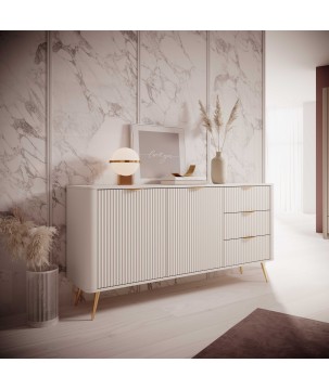 Beżowa Komoda LETNA 3 szuflady + drzwi – komoda z ryflowanymi frontami do salonu i sypialni na wysokich nóżkach