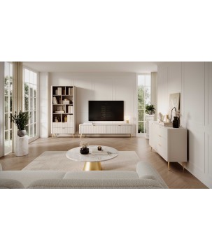 Beżowa Komoda LETNA 3 szuflady + drzwi – komoda z ryflowanymi frontami do salonu i sypialni na wysokich nóżkach