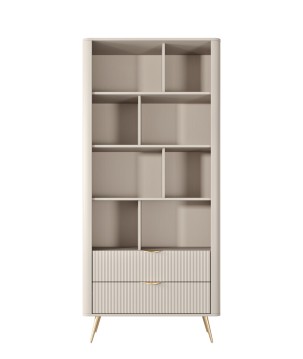 Beżowy Regał LETNA z szufladami – regał z półkami i 2 szufladami do salonu i biura na wysokich nóżkach