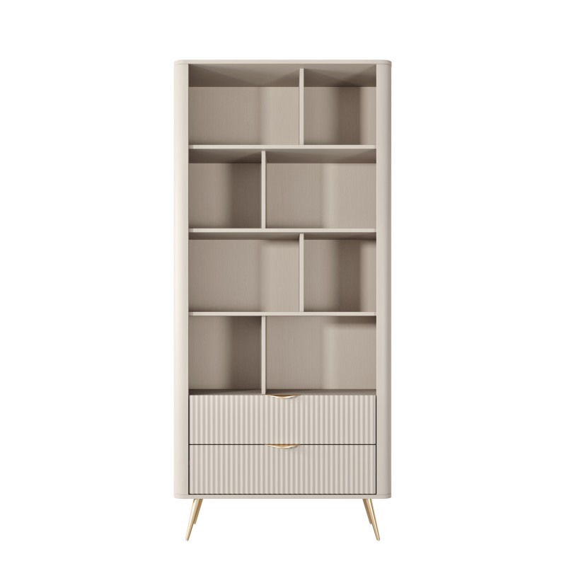 Beżowy Regał LETNA z szufladami – regał z półkami i 2 szufladami do salonu i biura na wysokich nóżkach