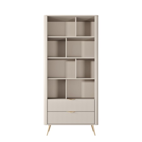 Beżowy Regał LETNA z szufladami – regał z półkami i 2 szufladami do salonu i biura na wysokich nóżkach