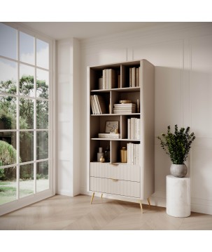 Beżowy Regał LETNA z szufladami – regał z półkami i 2 szufladami do salonu i biura na wysokich nóżkach