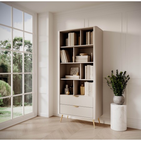 Beżowy Regał LETNA z szufladami – regał z półkami i 2 szufladami do salonu i biura na wysokich nóżkach