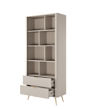 Beżowy Regał LETNA z szufladami – regał z półkami i 2 szufladami do salonu i biura na wysokich nóżkach