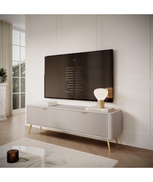 Beżowa Szafka RTV LETNA 163 cm 2D – szafka pod telewizor na nóżkach do salonu z frezowanymi frontami