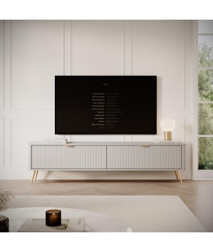 Beżowa Szafka RTV LETNA 200 cm 2D – szafka pod telewizor na nóżkach do salonu z frezowanymi frontami