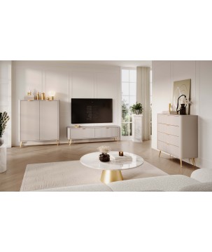 Beżowa Szafka RTV LETNA 200 cm 2D – szafka pod telewizor na nóżkach do salonu z frezowanymi frontami