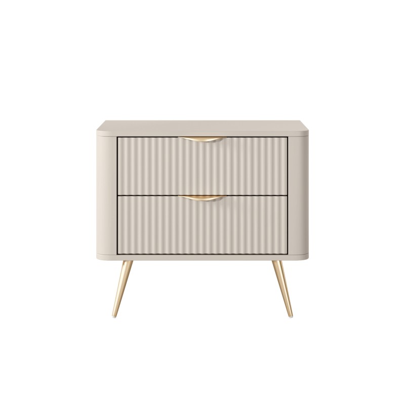 Beżowy Stolik/Szafka nocna LETNA 2 szuflady frezowane fronty metalowe nogi do sypialni