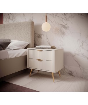 Beżowy Stolik/Szafka nocna LETNA 2 szuflady frezowane fronty metalowe nogi do sypialni