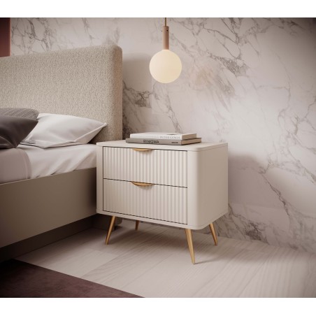 Beżowy Stolik/Szafka nocna LETNA 2 szuflady frezowane fronty metalowe nogi do sypialni