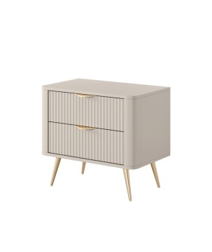 Beżowy Stolik/Szafka nocna LETNA 2 szuflady frezowane fronty metalowe nogi do sypialni