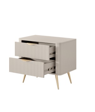 Beżowy Stolik/Szafka nocna LETNA 2 szuflady frezowane fronty metalowe nogi do sypialni
