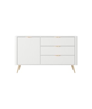 Biała Komoda LETNA 3 szuflady + drzwi – komoda z półkami do salonu i sypialni na wysokich nóżkach