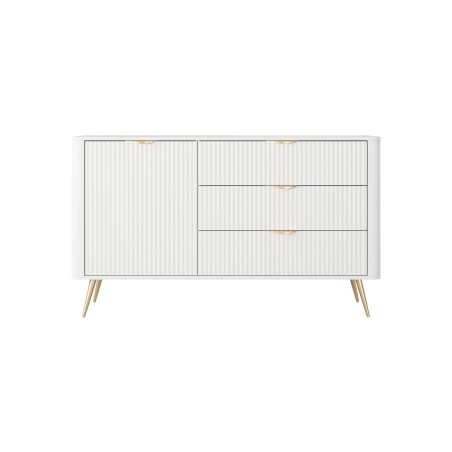 Biała Komoda LETNA 3 szuflady + drzwi – komoda z półkami do salonu i sypialni na wysokich nóżkach