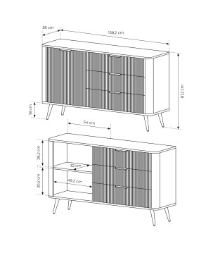 Biała Komoda LETNA 3 szuflady + drzwi – komoda z półkami do salonu i sypialni na wysokich nóżkach