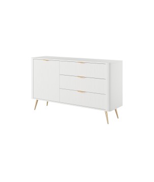 Biała Komoda LETNA 3 szuflady + drzwi – komoda z półkami do salonu i sypialni na wysokich nóżkach