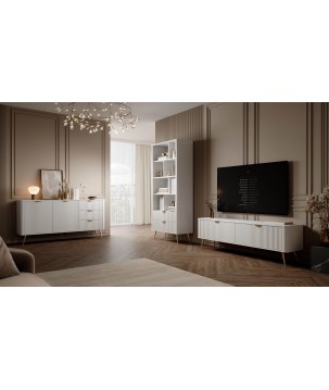 Biała Komoda LETNA 3 szuflady + drzwi – komoda z półkami do salonu i sypialni na wysokich nóżkach