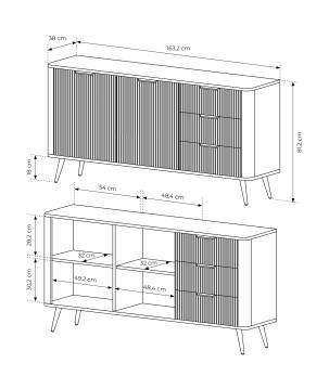 Biała Komoda LETNA 3 szuflady + drzwi – komoda z ryflowanymi frontami do salonu i sypialni na wysokich nóżkach
