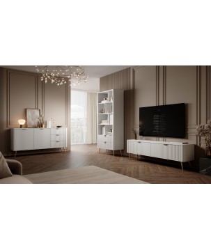 Biała Komoda LETNA 3 szuflady + drzwi – komoda z ryflowanymi frontami do salonu i sypialni na wysokich nóżkach