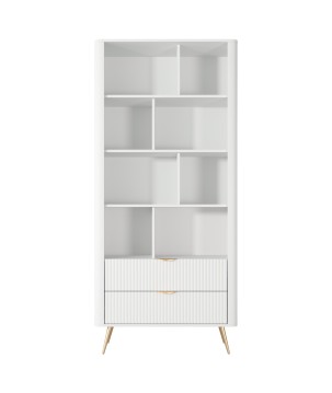 Biały Regał LETNA z szufladami – regał z półkami i 2 szufladami do salonu i biura na wysokich nóżkach