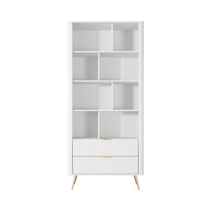 Biały Regał LETNA z szufladami – regał z półkami i 2 szufladami do salonu i biura na wysokich nóżkach