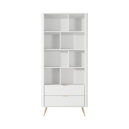 Biały Regał LETNA z szufladami – regał z półkami i 2 szufladami do salonu i biura na wysokich nóżkach