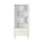 Biały Regał LETNA z szufladami – regał z półkami i 2 szufladami do salonu i biura na wysokich nóżkach