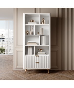 Biały Regał LETNA z szufladami – regał z półkami i 2 szufladami do salonu i biura na wysokich nóżkach