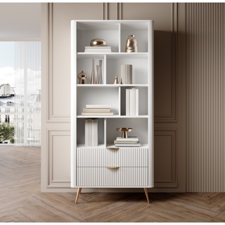 Biały Regał LETNA z szufladami – regał z półkami i 2 szufladami do salonu i biura na wysokich nóżkach