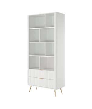 Biały Regał LETNA z szufladami – regał z półkami i 2 szufladami do salonu i biura na wysokich nóżkach