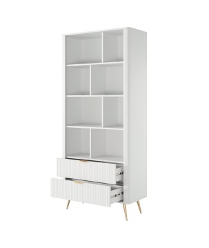 Biały Regał LETNA z szufladami – regał z półkami i 2 szufladami do salonu i biura na wysokich nóżkach