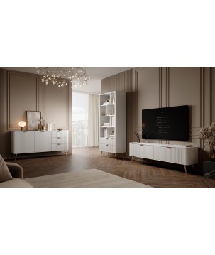 Biały Regał LETNA z szufladami – regał z półkami i 2 szufladami do salonu i biura na wysokich nóżkach