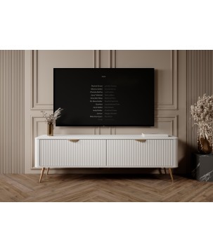 Biała Szafka RTV LETNA 163 cm 2D – szafka pod telewizor na nóżkach do salonu z frezowanymi frontami