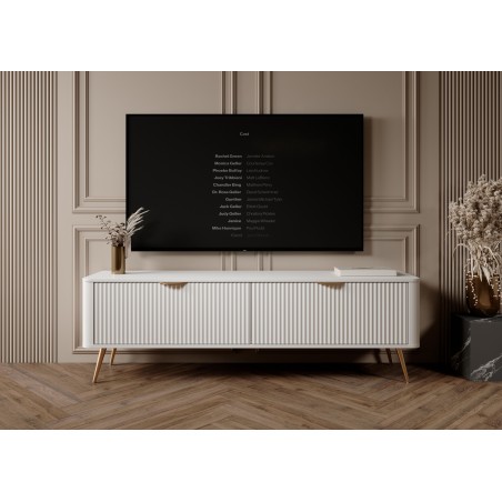 Biała Szafka RTV LETNA 163 cm 2D – szafka pod telewizor na nóżkach do salonu z frezowanymi frontami