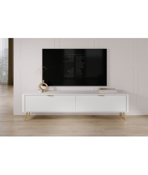 Biała Szafka RTV LETNA 200 cm 2D – szafka pod telewizor na nóżkach do salonu z frezowanymi frontami