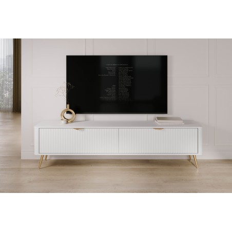 Biała Szafka RTV LETNA 200 cm 2D – szafka pod telewizor na nóżkach do salonu z frezowanymi frontami