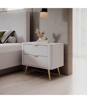 Biały Stolik/Szafka nocna LETNA 2 szuflady frezowane fronty metalowe nogi do sypialni
