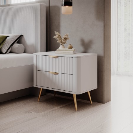 Biały Stolik/Szafka nocna LETNA 2 szuflady frezowane fronty metalowe nogi do sypialni