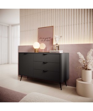 Czarna Komoda LETNA 3 szuflady + drzwi – komoda z półkami do salonu i sypialni na wysokich nóżkach