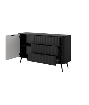 Czarna Komoda LETNA 3 szuflady + drzwi – komoda z półkami do salonu i sypialni na wysokich nóżkach