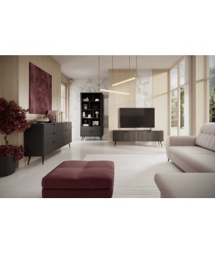 Czarna Komoda LETNA 3 szuflady + drzwi – komoda z półkami do salonu i sypialni na wysokich nóżkach