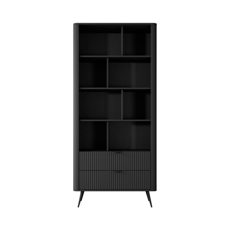 Czarny Regał LETNA z szufladami – regał z półkami i 2 szufladami do salonu i biura na wysokich nóżkach