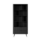 Czarny Regał LETNA z szufladami – regał z półkami i 2 szufladami do salonu i biura na wysokich nóżkach