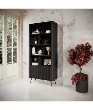 Czarny Regał LETNA z szufladami – regał z półkami i 2 szufladami do salonu i biura na wysokich nóżkach