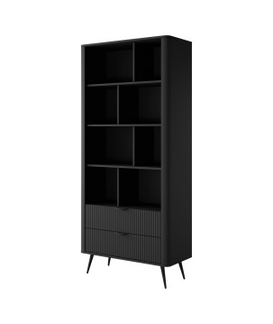 Czarny Regał LETNA z szufladami – regał z półkami i 2 szufladami do salonu i biura na wysokich nóżkach